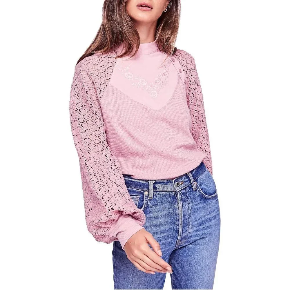 NWT Free People Crochet Balloon Sleeves Waffle Knot Top XS Mixed-media Boho emb